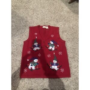Vintage‎ BOBBIE BROOKS Sweater Vest RED Christmas SNOWMEN Zip L